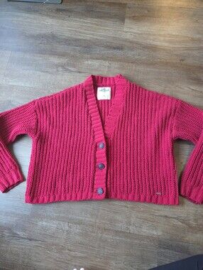 Hollister Cropped Chunky Knit Red Sweater Cardigan Womens size Medium